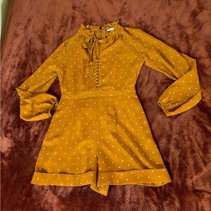 Express Rusty Mustard Polka Dot Tie-Neck Romper